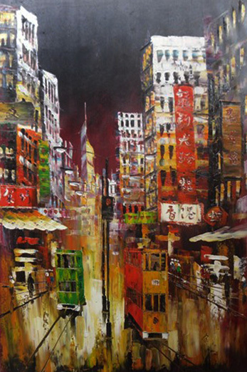 347x522 Kowloon, Hong Kong Double Decker Bus Street Painting Rainy Night - Hong Kong Painting