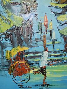 225x300 Vtg Chinese Oil Painting Hong Kong Rickshaw Mid Century Street - Hong Kong Painting