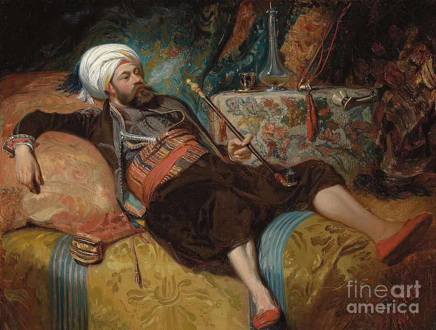 900x681 A Reclining Turk Smoking A Hookah, 1844 Painting By Henri Baron - Hookah Painting