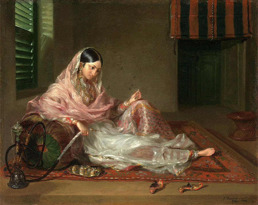 900x716 Muslim Lady Reclining An Indian Girl With A Hookah Painting By - Hookah Painting