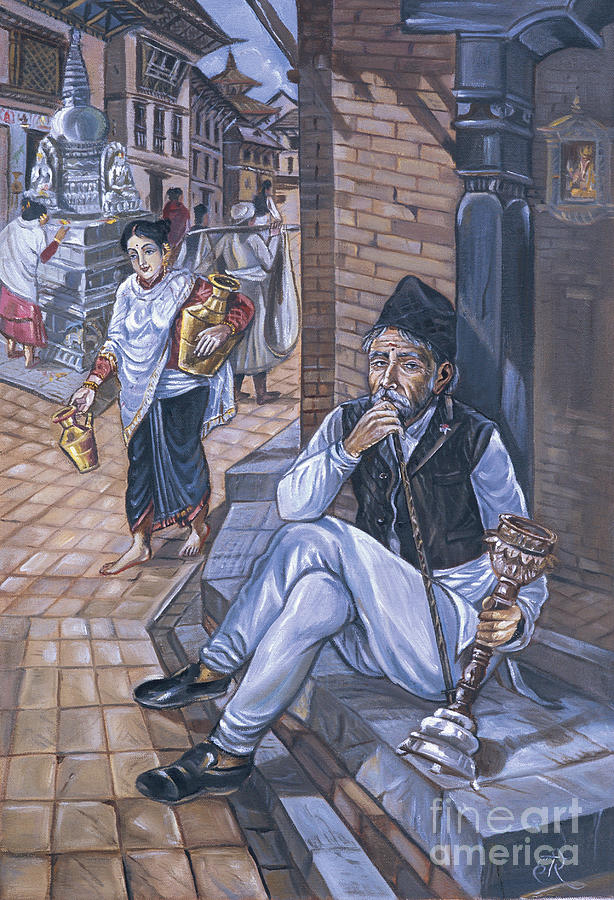 614x900 An Old Man Smoking Hookah Painting By Hari Prasad Sharma - Hookah Painting