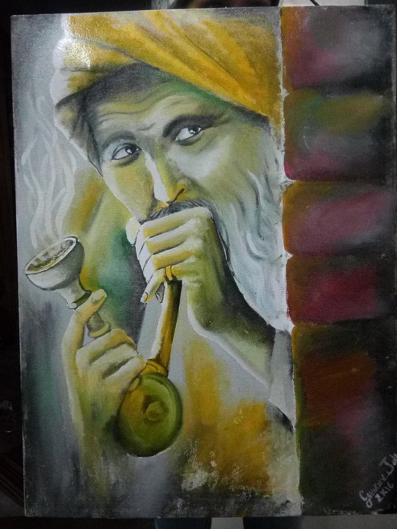 774x1032 Old Man Smoking A Hookah By Gauravjala - Hookah Painting
