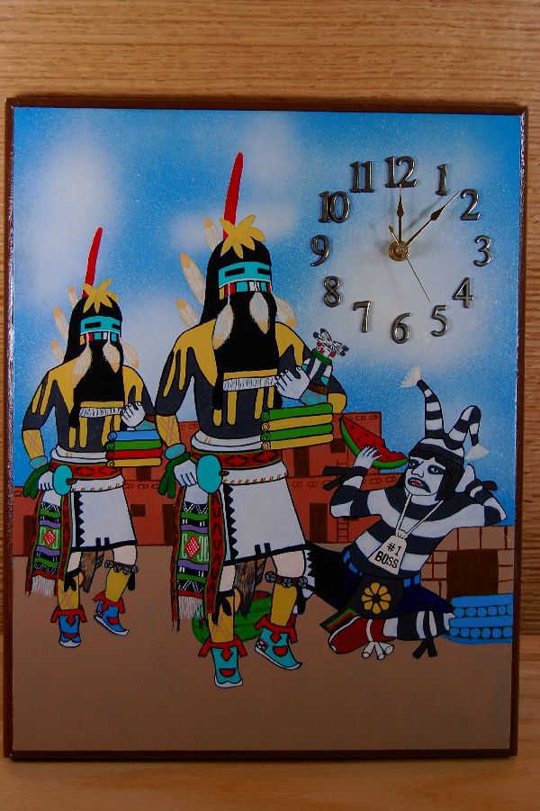 600x901 Hopi Long Hair Kachina Hand Painted Clock - Hopi Painting