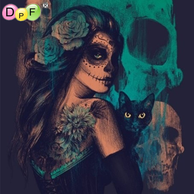 640x640 Diamond Painting Skull Cat Woman Cross Stitch Horror Halloween - Horror Painting