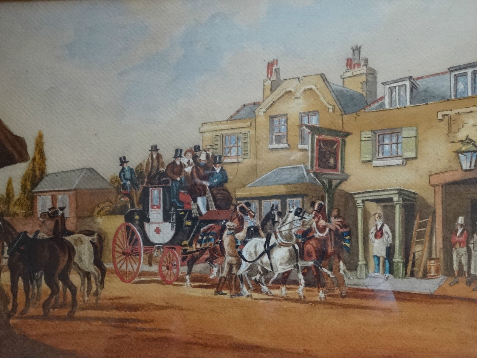 1600x1200 Delightful 19th Century Genre Watercolour Painting - Horse And Buggy Painting