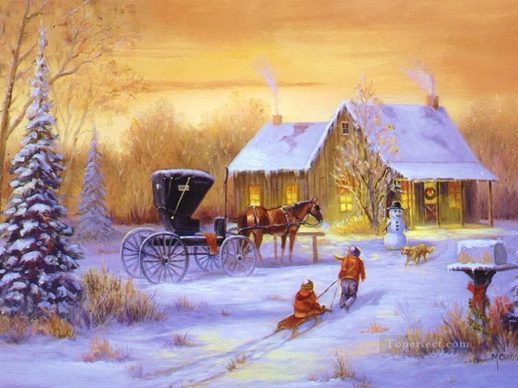 1024x768 Christmas Carriage With Horse And Kids With Dog Painting In Oil - Horse And Carriage Painting