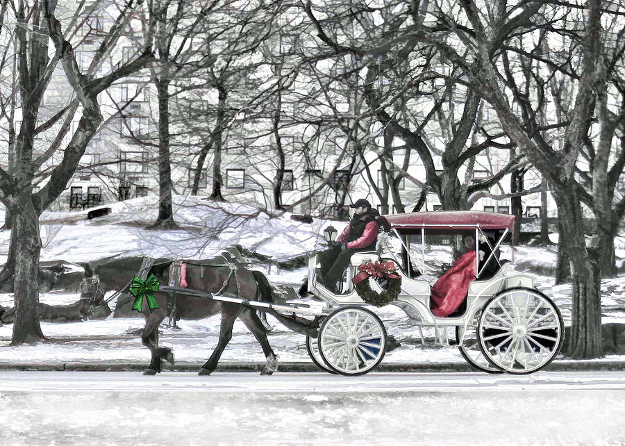 900x642 Horse Drawn Carriage In Nyc Painting By Elaine Plesser - Horse And Carriage Painting