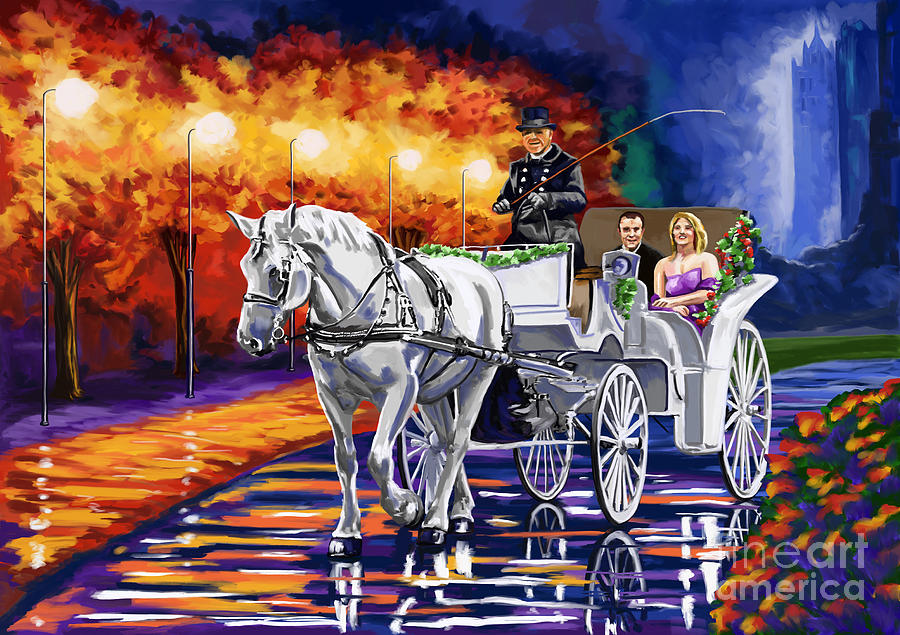 900x635 Horse Drawn Carriage Night Painting By Tim Gilliland - Horse And Carriage Painting
