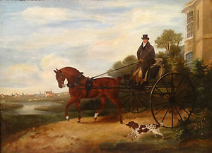 300x217 Large 19th Century English Gentleman Horse Carriage Spaniel Dog - Horse And Carriage Painting