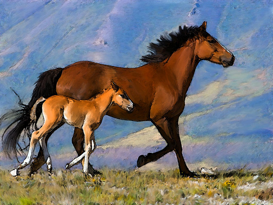 900x675 Mustang Mare And Foal Painting By Shere Crossman - Horse And Foal Painting