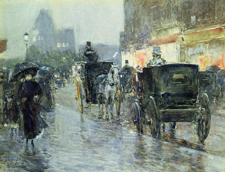 900x691 Horse Drawn Cabs At Evening In New York Painting By Childe Hassam - Horse Carriage Painting