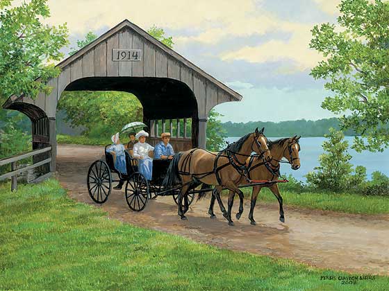 560x420 Lakeside Drive Horse Drawn Carriage Original Acrylic Painting - Horse Carriage Painting