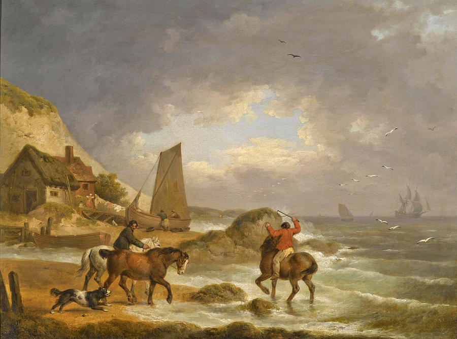 900x668 A Coastal Landscape Of The Isle Of Wight With Figures On Horse - Horse Isle Painting