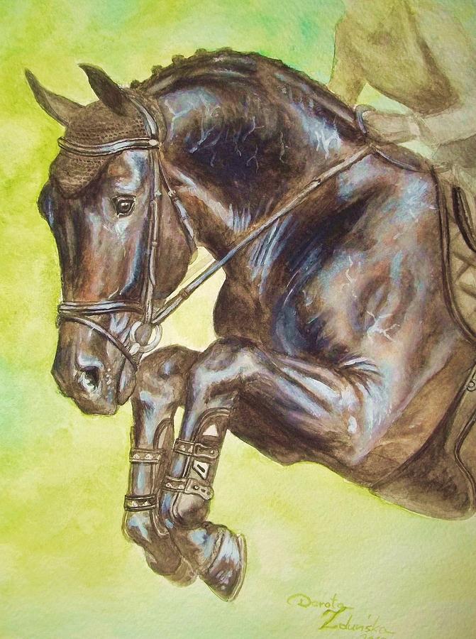 671x900 Saltado Jumping Black Horse Painting By Dorota Zdunska - Horse Jumping Painting