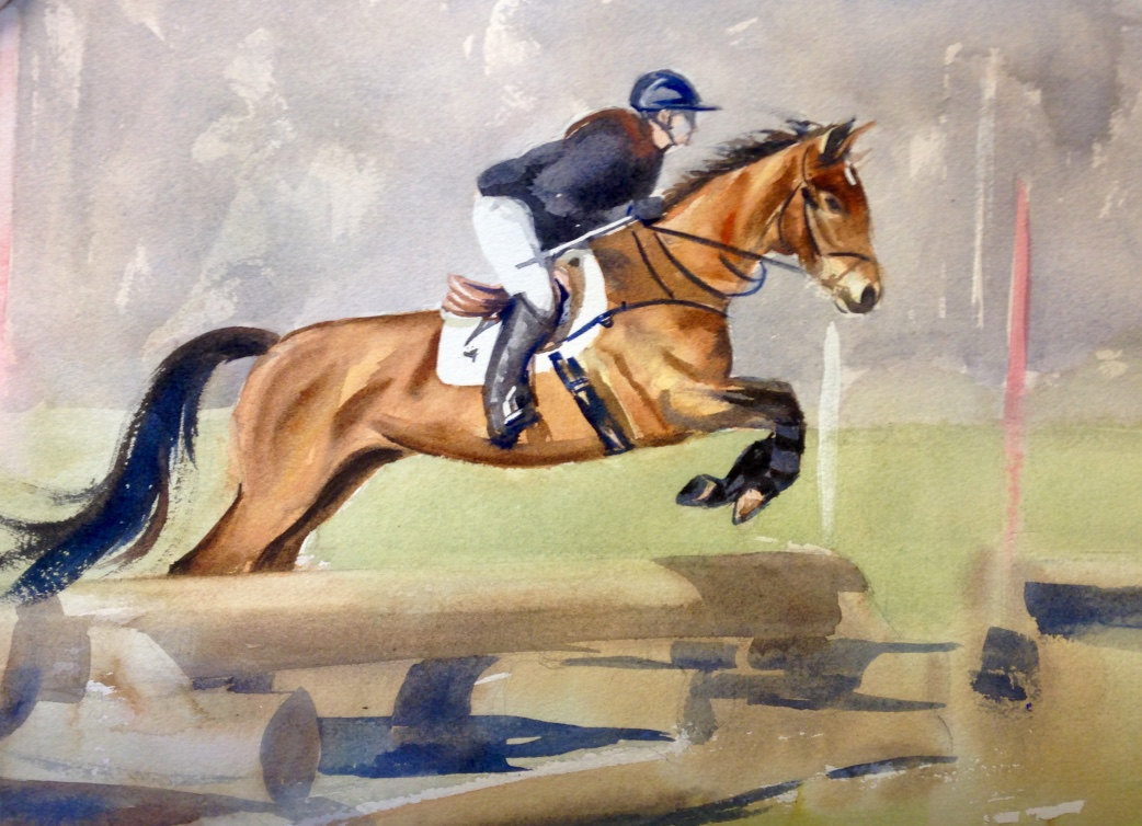 1042x754 Bay Horse Amp Rider Jumping Original Watercolor Equestrian Jump - Horse Jumping Painting