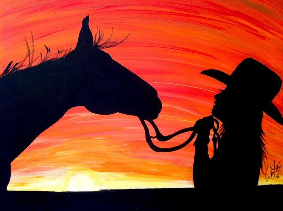570x426 Original Acrylic Horse And Cowgirl Silhouette By Rntaylorstudios - Horse Painting Easy