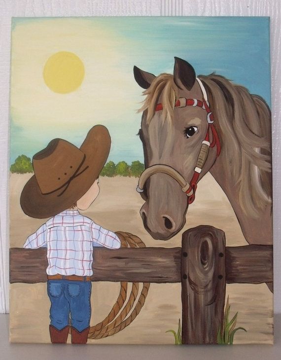 570x731 Little Cowboy With His Horse Handpainted On By Leilasartcorner - Horse Painting For Kids