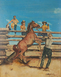 239x300 Vintage Oil Painting Cowboy W Rearing Horse In Split Rail Corral W - Horse Painting For Kids