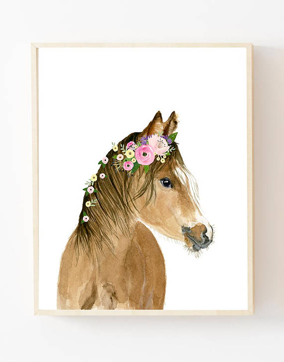 570x725 Watercolor Floral Horse Farm Animals Horse Painting - Horse Painting For Kids