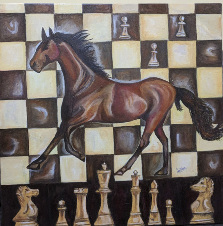 888x900 Knight On A Chessboard (Horse) Painting By Artist Aboli Moroney - Horse Painting Games