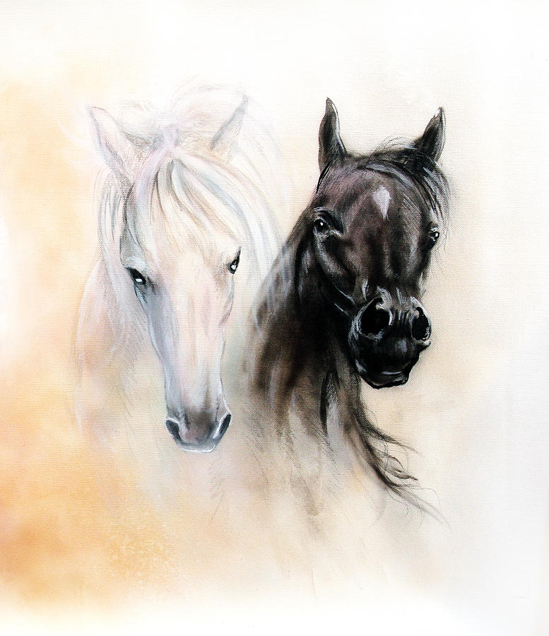 777x900 Horse Heads Two Black And White Horse Spirits Beautiful Detailed - Horse Painting On Canvas