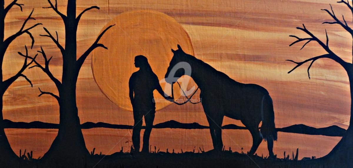 1200x570 Silhouette Cowgirl And Her Horse (Rachel Olynuk) - Horse Painting On Wood