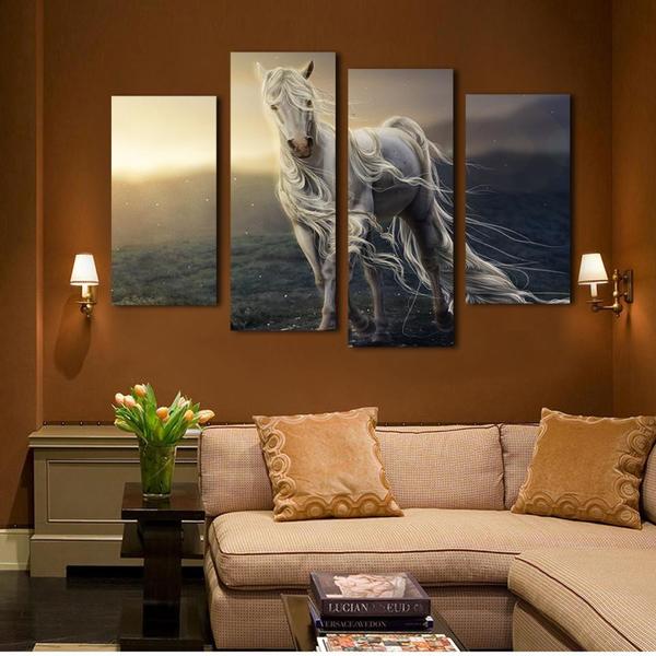 600x600 Fantasy White Horse Multi Panel Canvas Wall Art Mighty Paintings - Horse Panel Painting