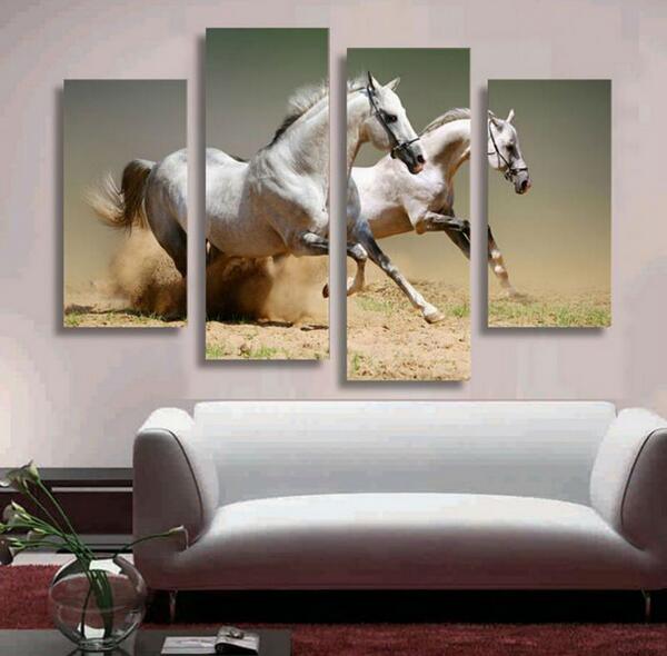 600x590 Hot Sell 4 Panel Running White Horse Picture Modern Home Wall - Horse Panel Painting