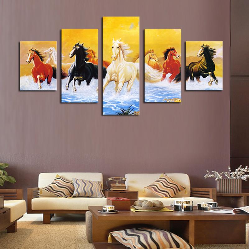 800x800 2018 5 Panel Living Room Decor Horses Painting Colorful Horse - Horse Panel Painting