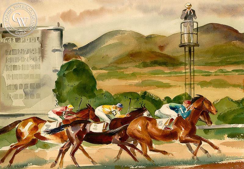 800x556 The Horse Race, Art By Charles Payzant California Watercolor - Horse Racing Painting