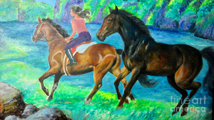 900x506 Horse Riding In Lake Painting By Manuel Cadag - Horse Riding Painting