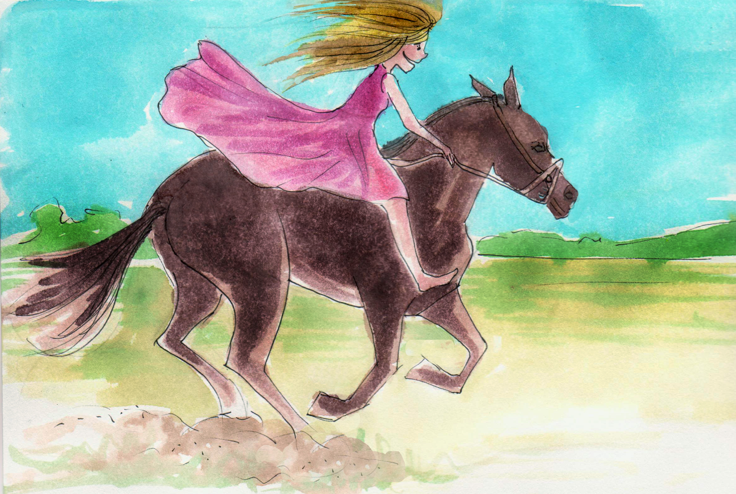 2351x1578 Horseback Riding In The Pampas Watercolor Painting Fraidypants - Horse Riding Painting