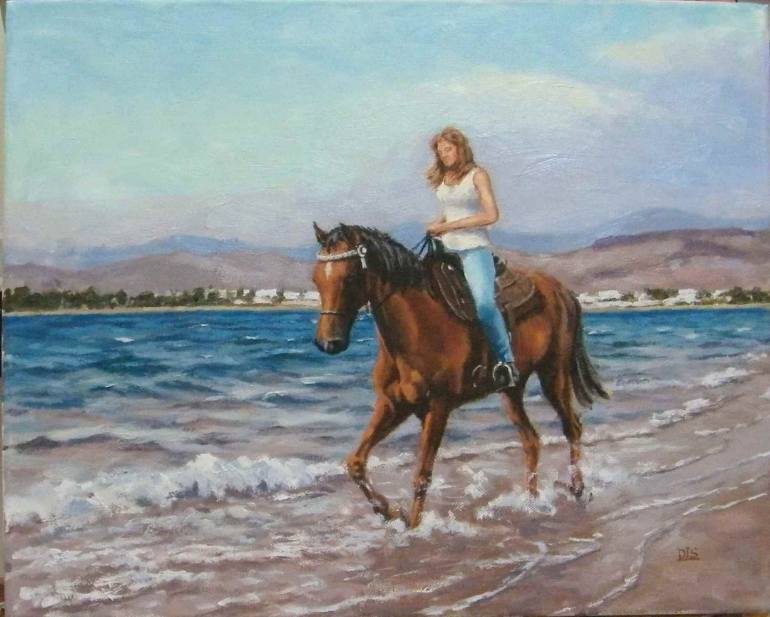 770x617 Saatchi Art Girl Riding A Horse On The Beach Painting By David I - Horse Riding Painting