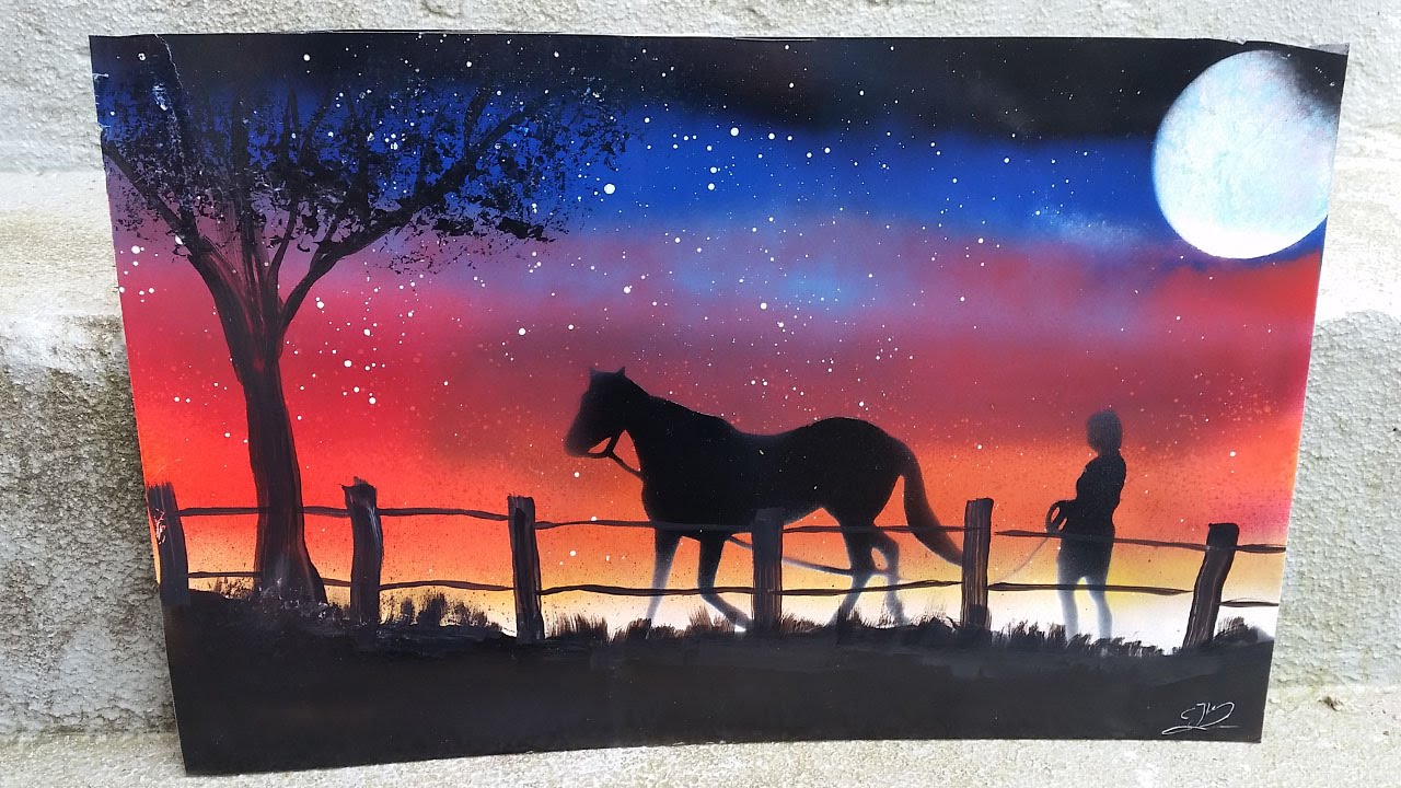 1280x720 How To Spraypaint Horse Sunset Painting - Horse Silhouette Painting