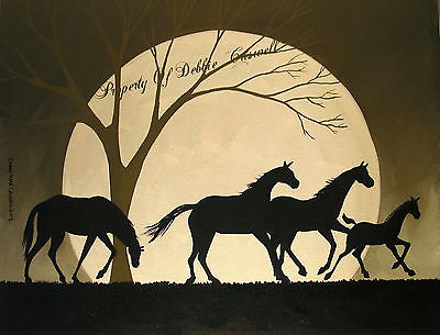 400x305 Sold!! Original Painting Folk Art Silhouette Horses Run Filly Colt - Horse Silhouette Painting