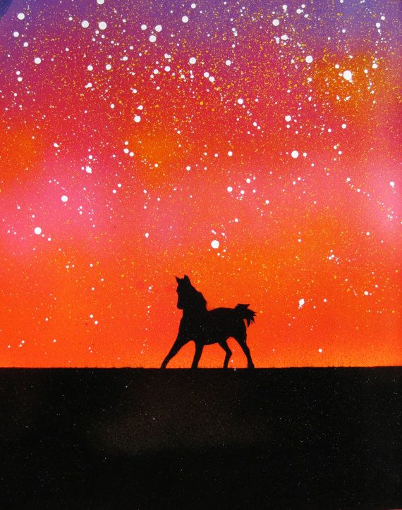 570x724 Spray Paint Art Original Running Horse Silhouette Sunset Landscape - Horse Silhouette Painting