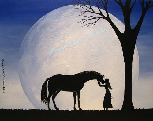 500x395 Girl And Horse Silhouette Folk Art Horse Girl Woman Full - Horse Silhouette Painting