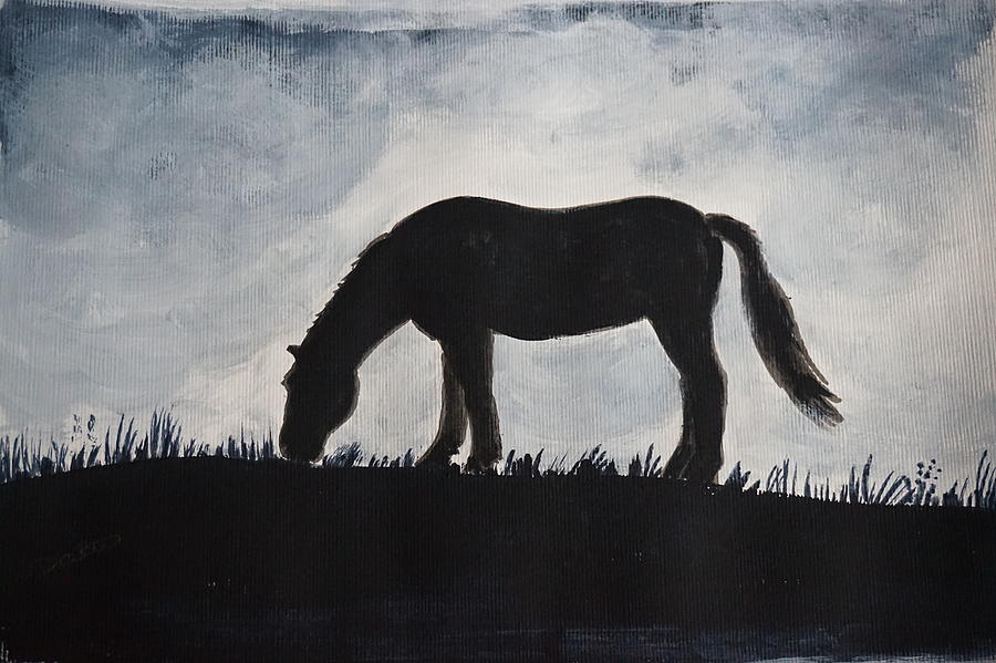 900x599 Grazing Horse At Night Painting By Janet Davies - Horse Silhouette Painting