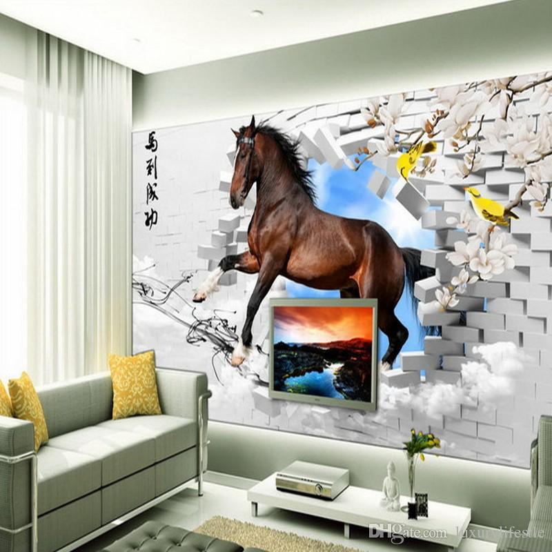 800x800 3d Stereo Horses Brick Wall Painting Tv Backdrop Custom Wallpaper - Horse Wall Painting