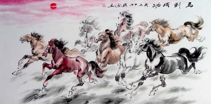 740x364 Eight Horses Painting Art Contemporary Artwork Beautiful Chinese - Horses Painting Pictures