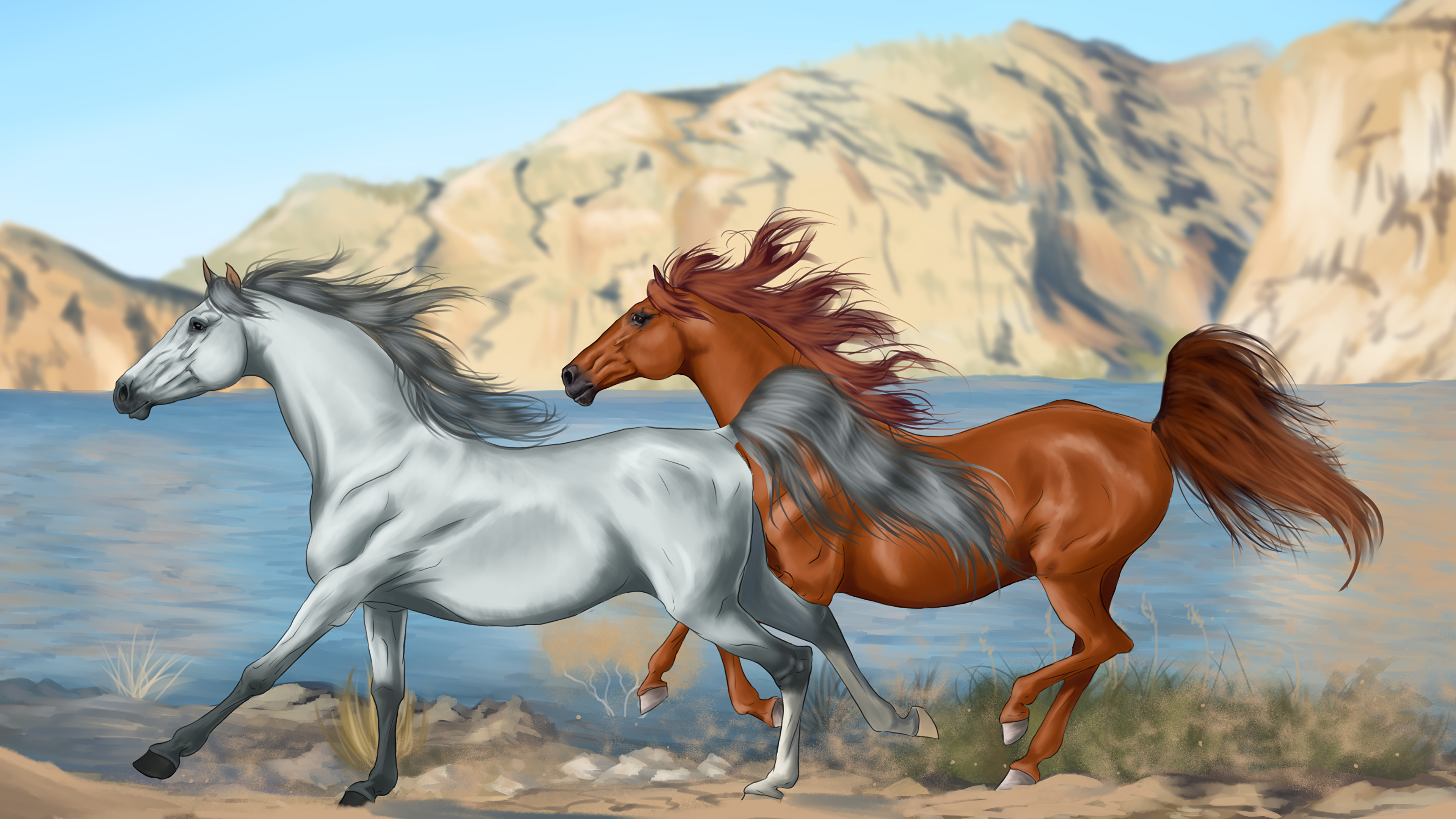 3840x2160 Wallpaper Horses Running Two Animals Painting Art 3840x2160 - Horses Painting Pictures