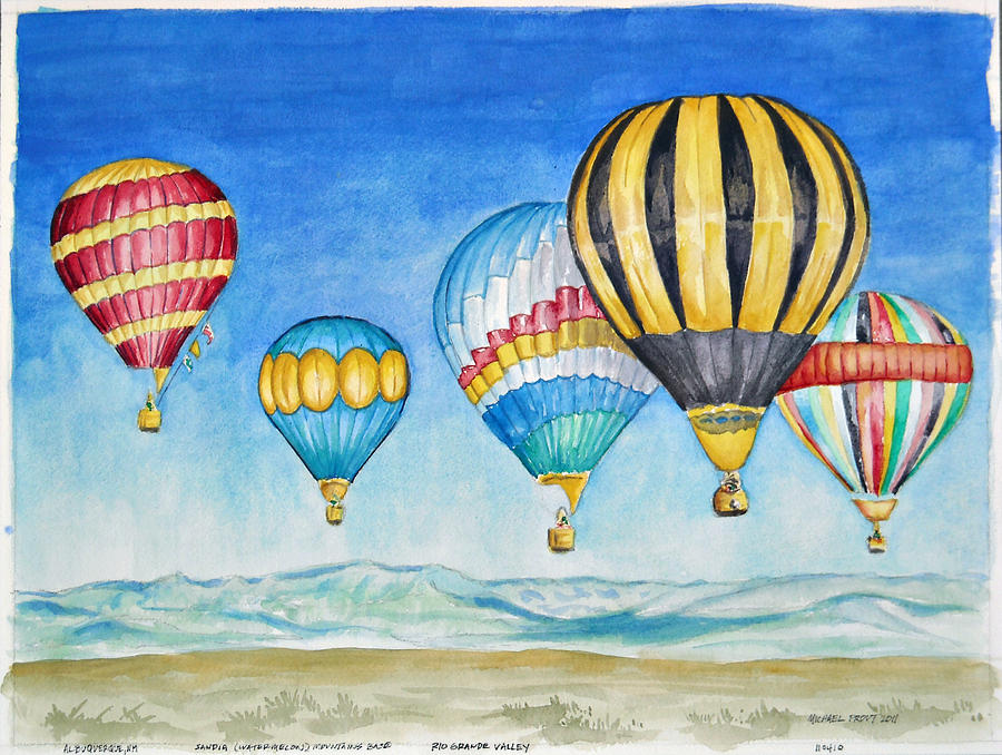 900x678 Hot Air Balloons Over Sandia Painting By Michael Prout - Hot Air Balloon Painting