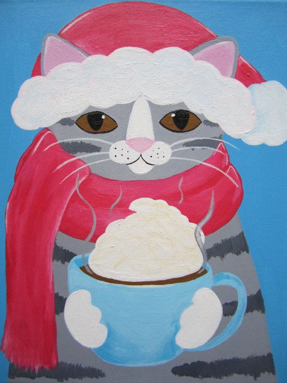 570x760 Grey Tabby Cat With Hot Chocolate Painting, 8x10 Acrylic Cat - Hot Chocolate Painting