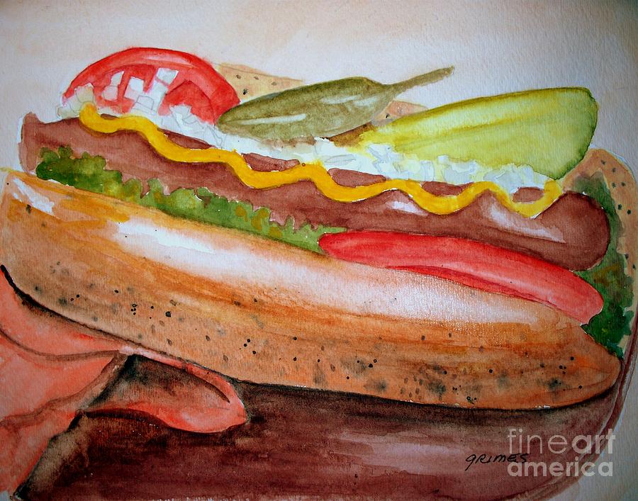 900x707 Yummy Chicago Dog Painting By Carol Grimes - Hot Dog Painting