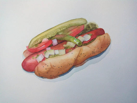 570x428 Hot Dog Painting Dorm Wall Art Food Painting Food - Hot Dog Painting