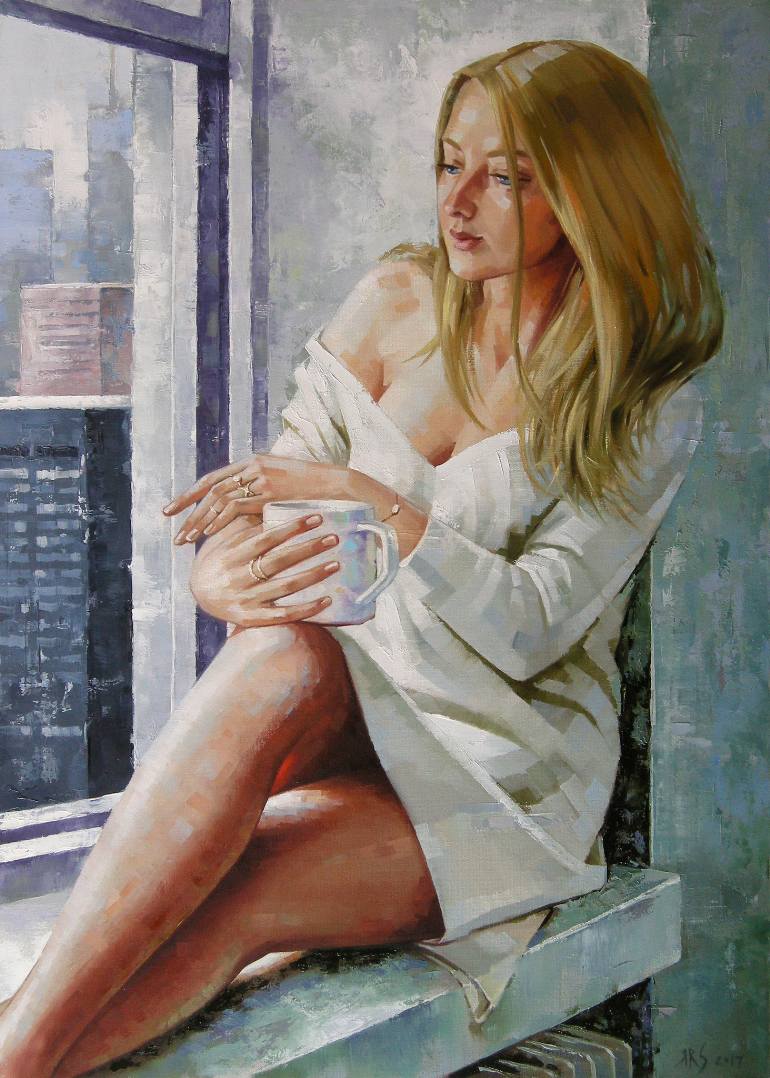 770x1078 Saatchi Art Rainy Day (Portrait Of A Girl With A Cup Of Hot Tea - Hot Girl Painting