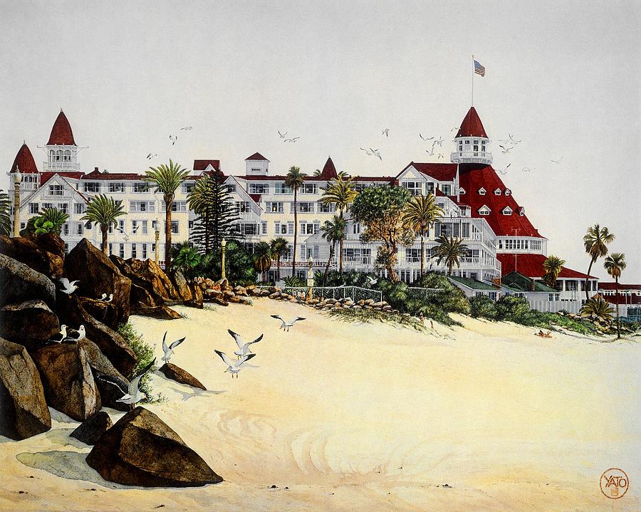 900x719 Hotel Del Coronado With Rocks Painting By John Yato - Hotel Del Coronado Painting