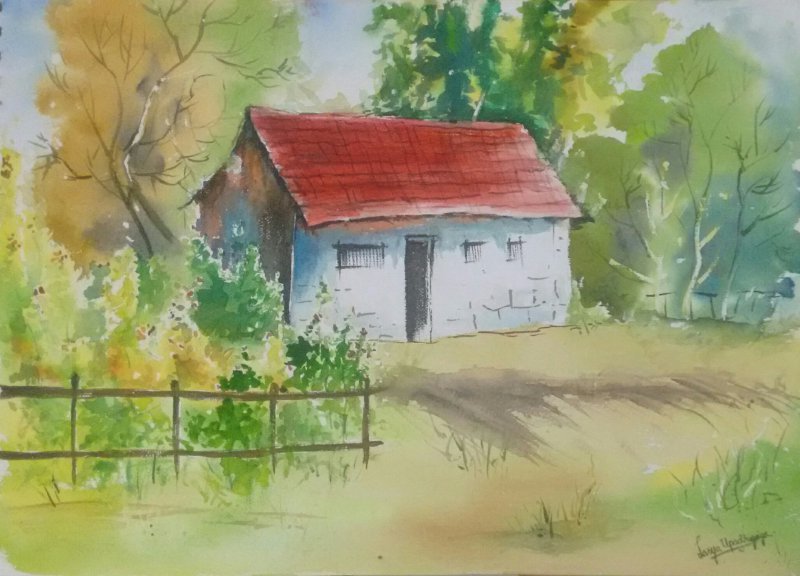 800x576 House In The Woods By Artist Lasya Upadhyaya Landscape Art - House In The Woods Painting