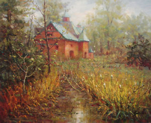 300x245 Oil Painting Of Landscape A Small Stream Beside House Into - House In The Woods Painting