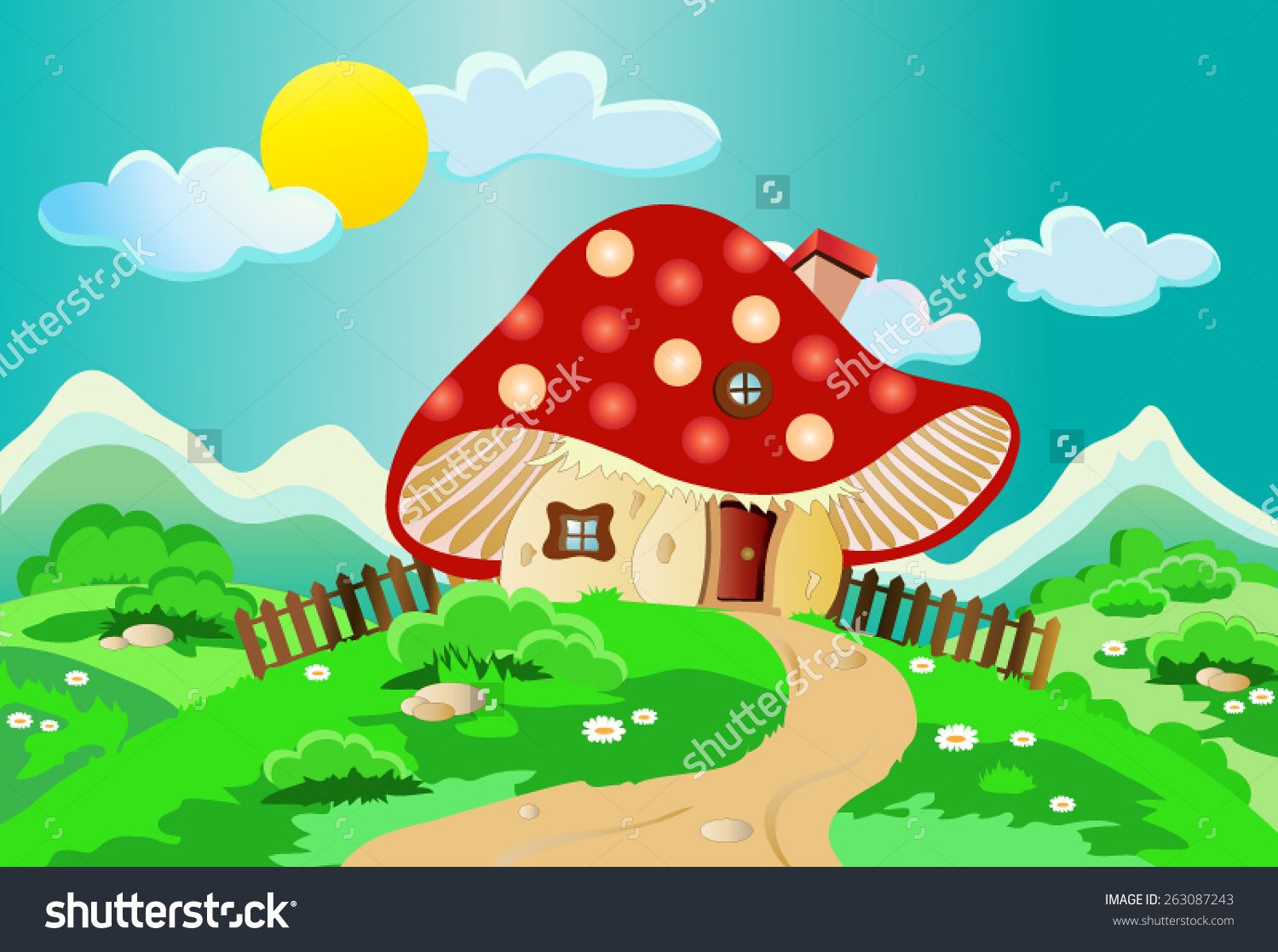 1500x1118 Child's Drawing Of A Mushroom House With A Fence, Chimney, Window - House Painting For Kids